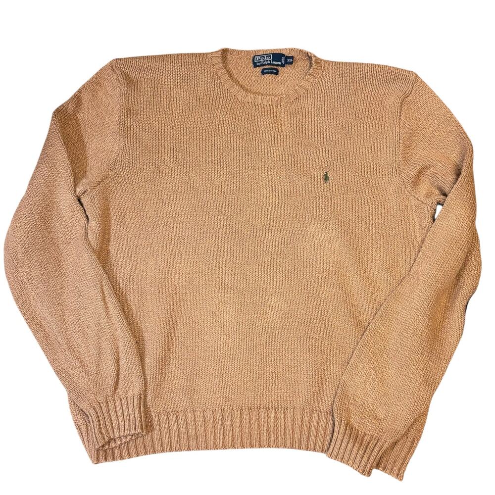 Polo Ralph Lauren Camel Tan Crew Neck Sweater 100% Cotton Men's XXL Green Pony
